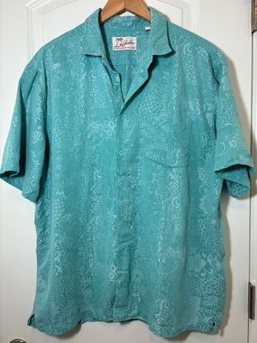 Kahala Hawaiin Print Teal Short-Sleeve Button-Down Shirt